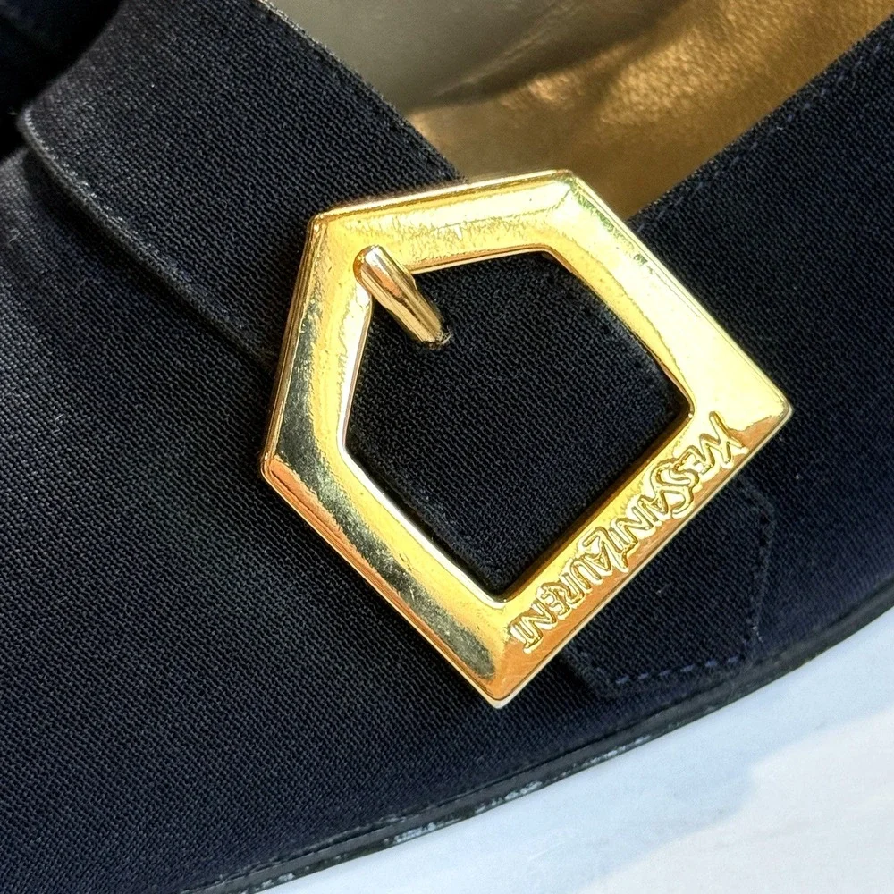 Vtg Yves Saint Laurent Buckle Pump Block Heel Women US 7 N EU 37 Navy Blue Gold - Picture 6 of 12